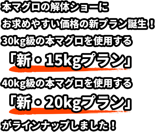 本マグロの解体ショーにお求めやすい価格の新プラン誕生！30kg級の本マグロを使用する「新・15kgプラン」、40kg級の本マグロを使用する「新・20kgプラン」がラインナップしました！